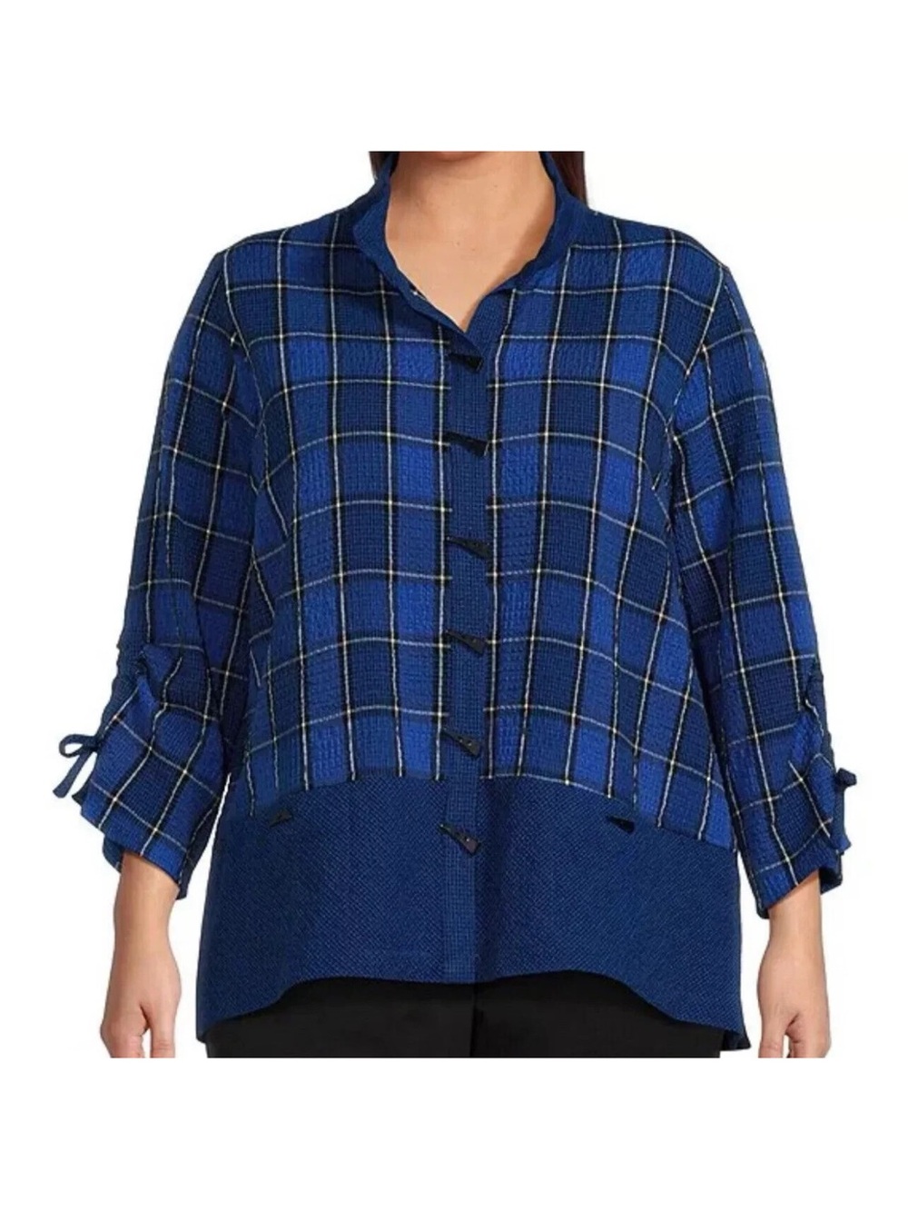 Ali Miles Womens 2X Blue Plaid Tunic Top 3/4 Sleeve Textured Button Front Artsy